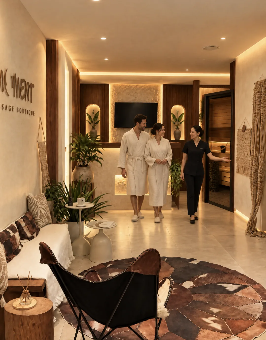Couple and massage professional in the warmly lit reception at The Moment