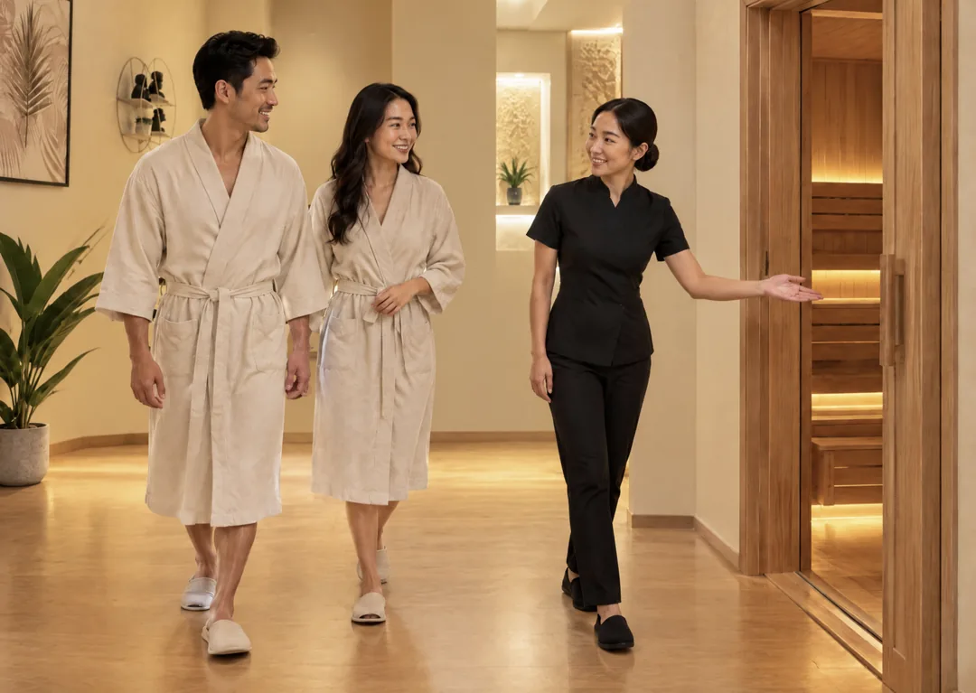 Two guests in robes being welcomed beside the sauna at The Moment