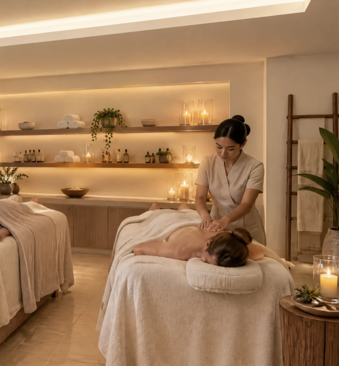 Massage professional providing a back massage in a softly lit private treatment room