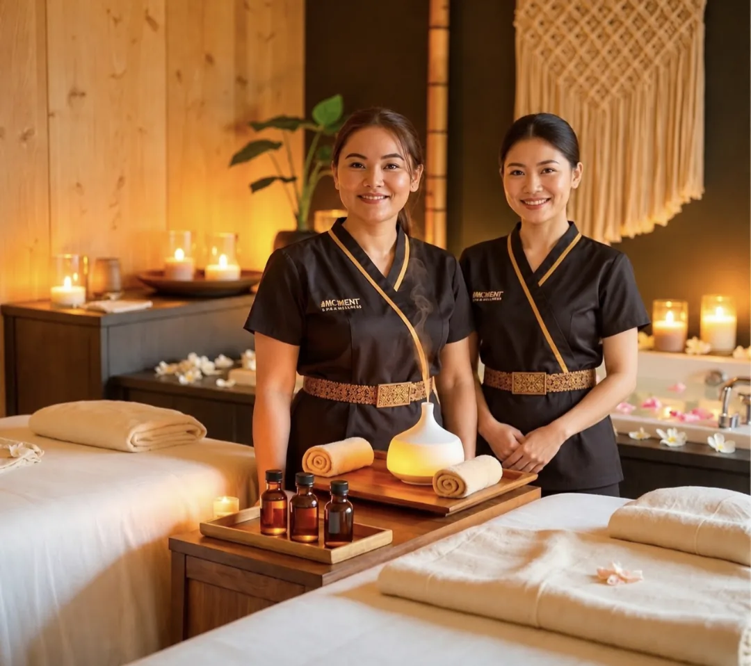 Two massage professionals beside prepared treatment beds and spa oils at The Moment