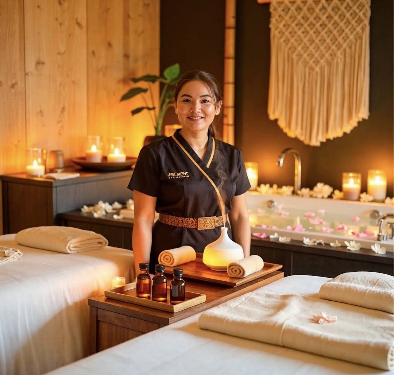 The Moment massage professional welcoming guests in a warm wood spa suite