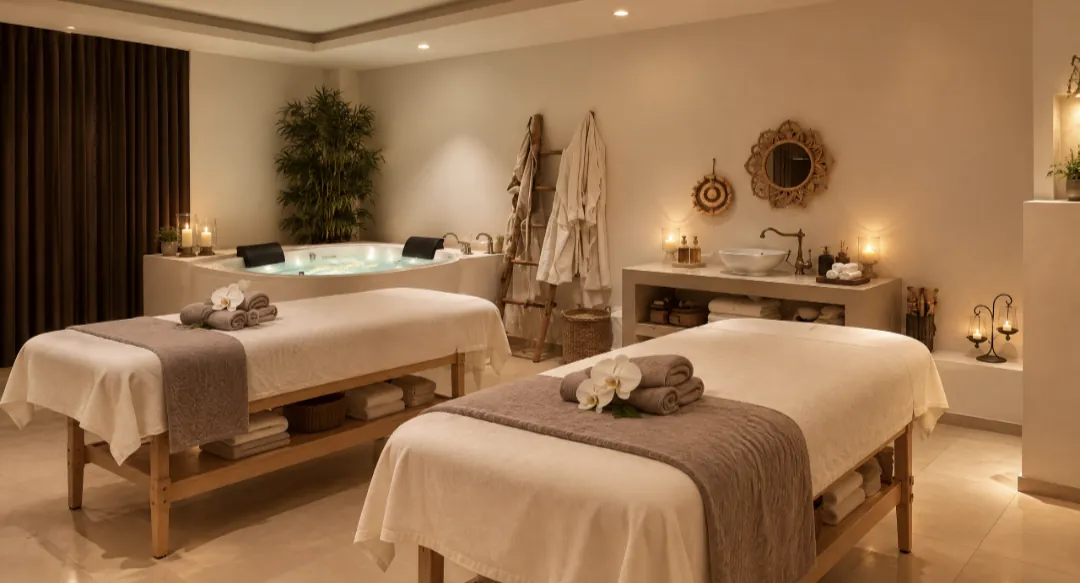Two prepared treatment beds with folded towels and orchids beside a whirlpool bathtub in a candlelit spa room