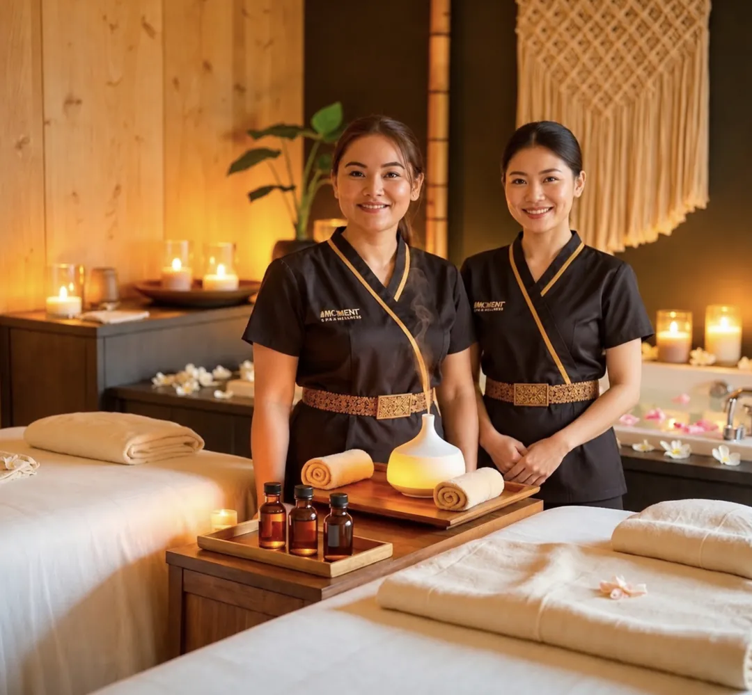 Two massage professionals in branded uniforms beside prepared treatment beds, oils and a diffuser