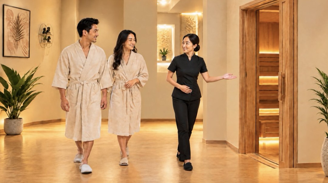 A Warm Welcome to the Sauna Zone Massage professional welcoming two adult spa guests beside a sauna setting