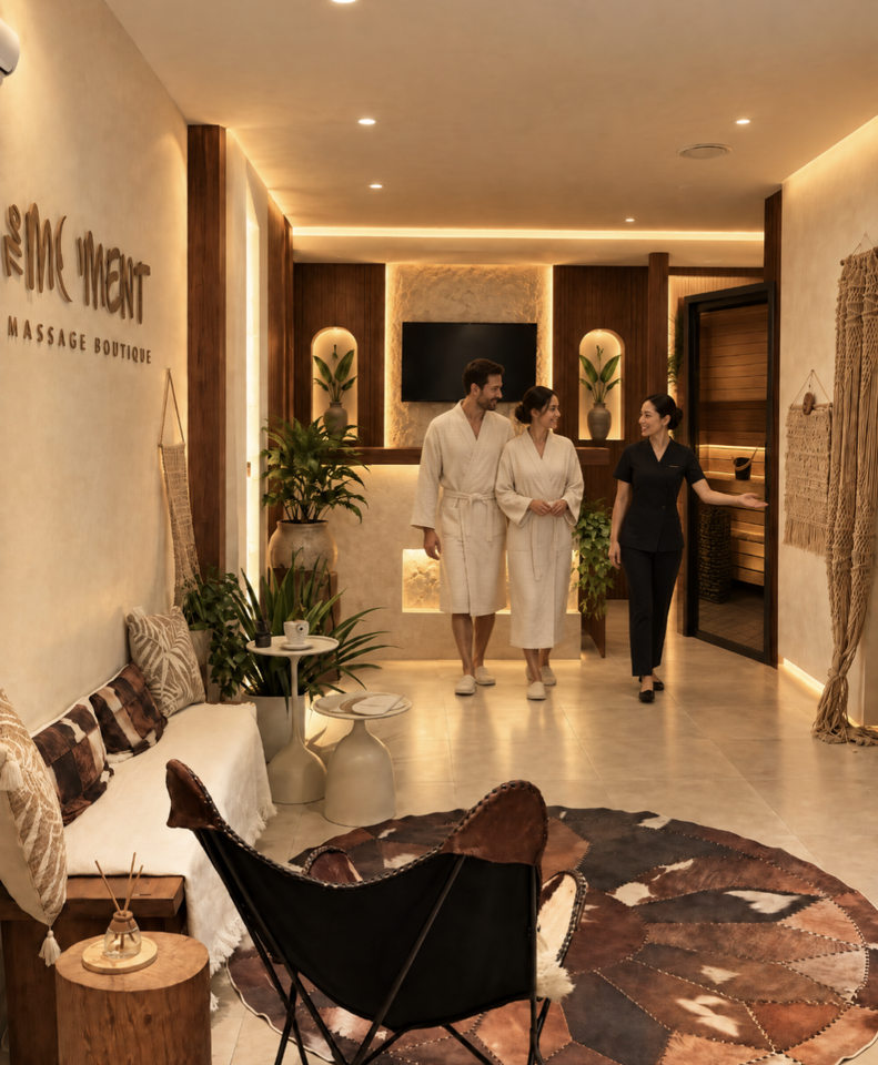 A couple in robes speaking with a massage professional in a warm reception lounge