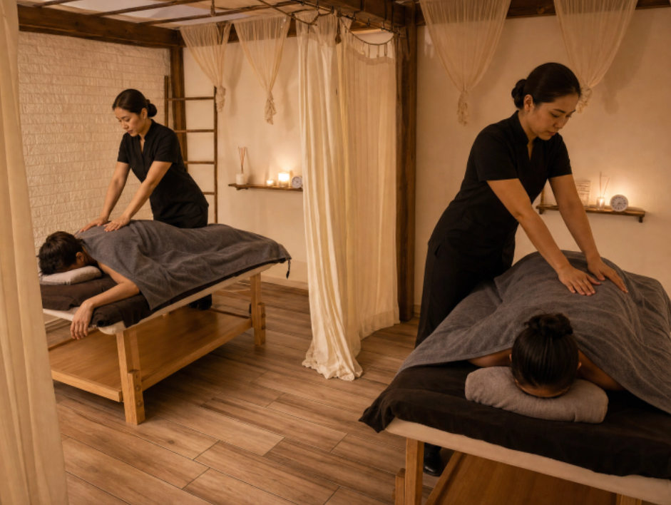 Two massage professionals giving treatments on separate beds in a warm curtained room