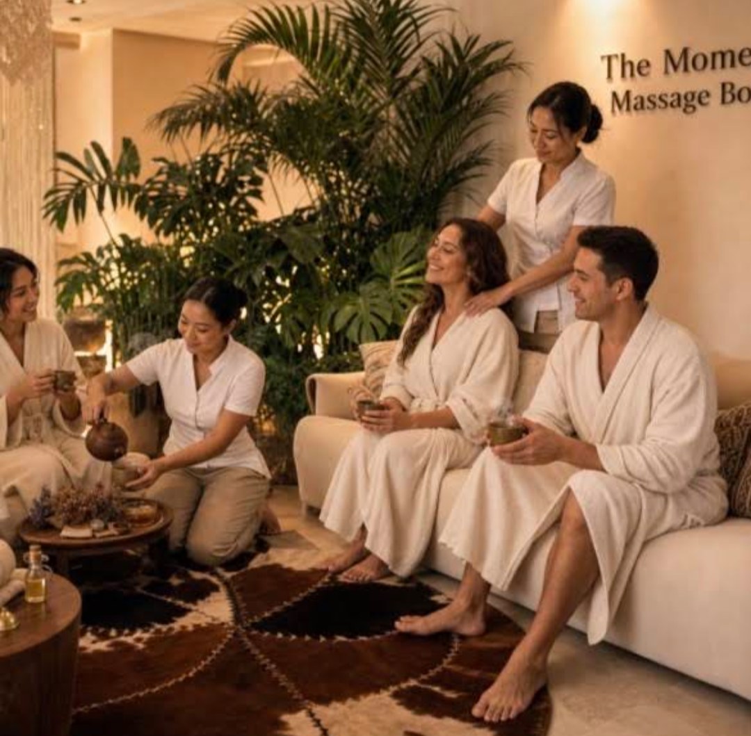 Spa Athens Relaxation Lounge at The Moment Adults in robes receiving tea and shoulder care in an illustrated spa lounge scene