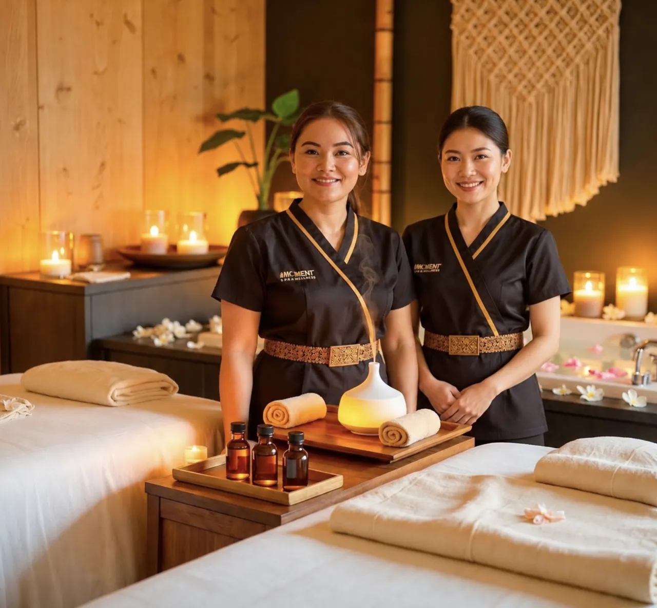 Two people in dark spa uniforms beside prepared massage tables